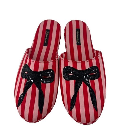 Victorias Secret Slippers Satin Bow Sequin Red Pink Size M 7-8 House Shoes Glam - Picture 1 of 9